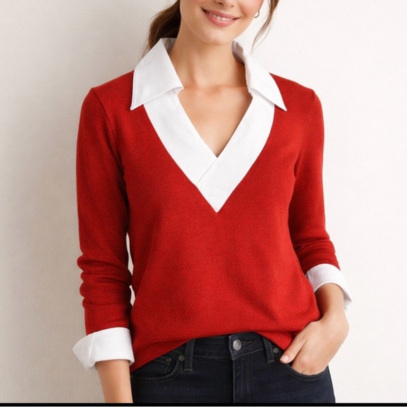 Bonnie & Billy Sweaters - Vintage Style Red Collared Knit Top XL Bonnie & Billy Preppy Cottagecore